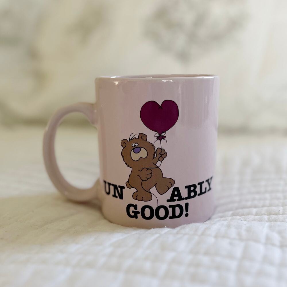 Vintage 80s UN-BEAR-ABLY Good Pink Mug George Good Message Mugs Coffee Cup